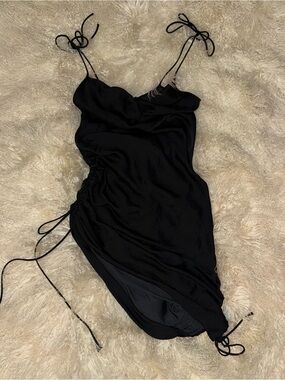 Black Satin Ruched Slip Dress